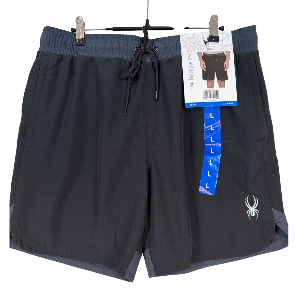NWT Spyder Swim Mens Black Board Shorts Stretch Trunks •L• Summer‎ UPF Gorpcore